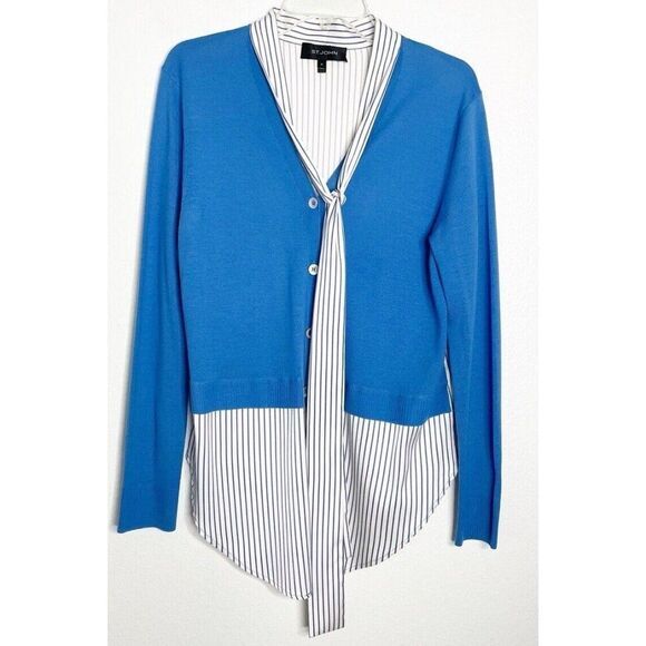 St. John Blue White Stripe Mixed Media Wool Silk  Cardigan Sweater Shirt‎ Medium - Picture 1 of 5
